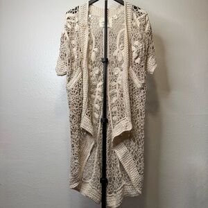 Angel of the North Beige Chunky Crochet Knit Floral Open Cardigan Size Small